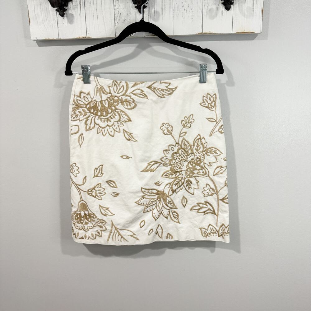 Boden White Gold Floral Pencil Skirt Cotton Lined Women’s 4 EUC Back Zip